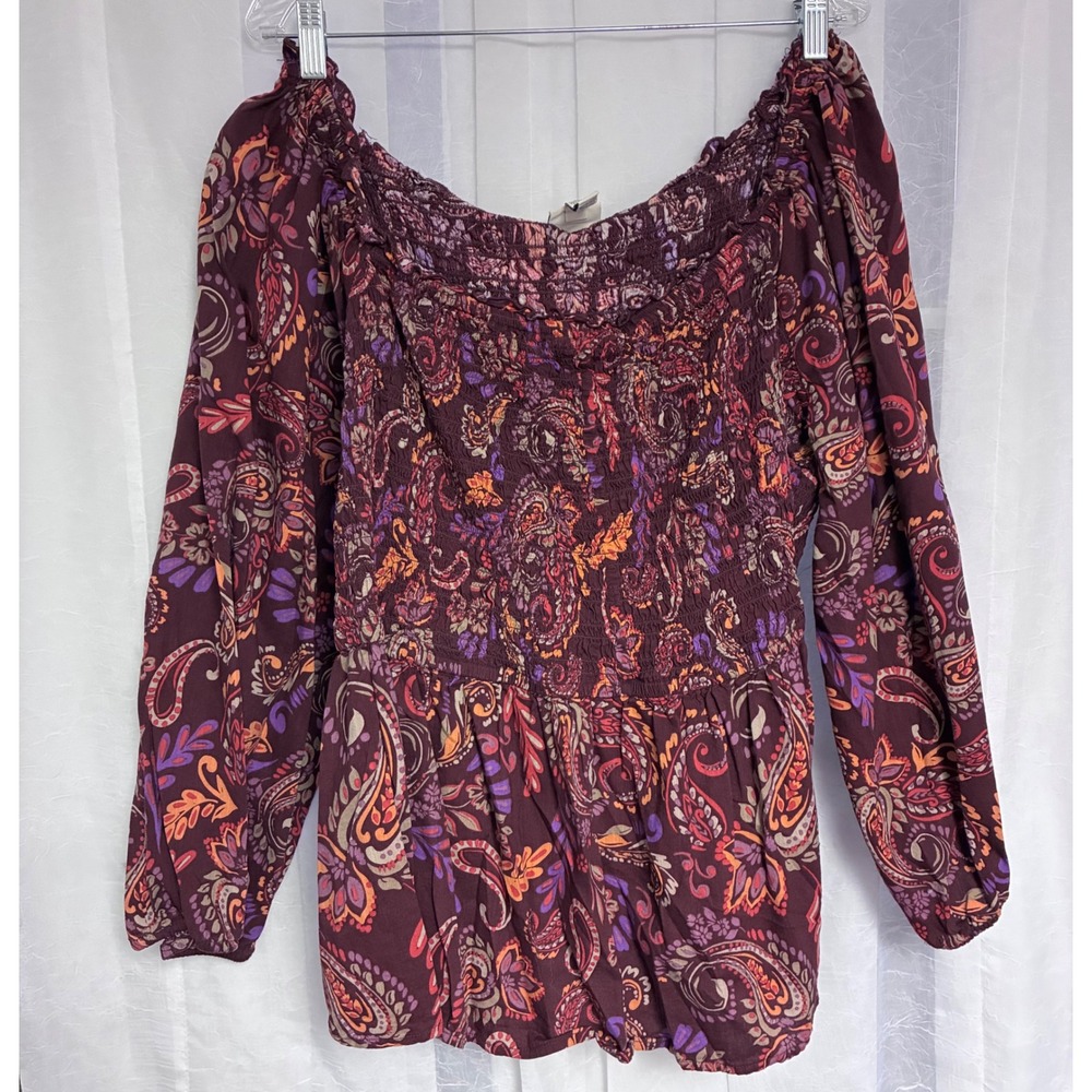 St Johns Bay Womens 3X Paisley Smocked Blouse Burgundy Long Sleeve Boho‎ Top